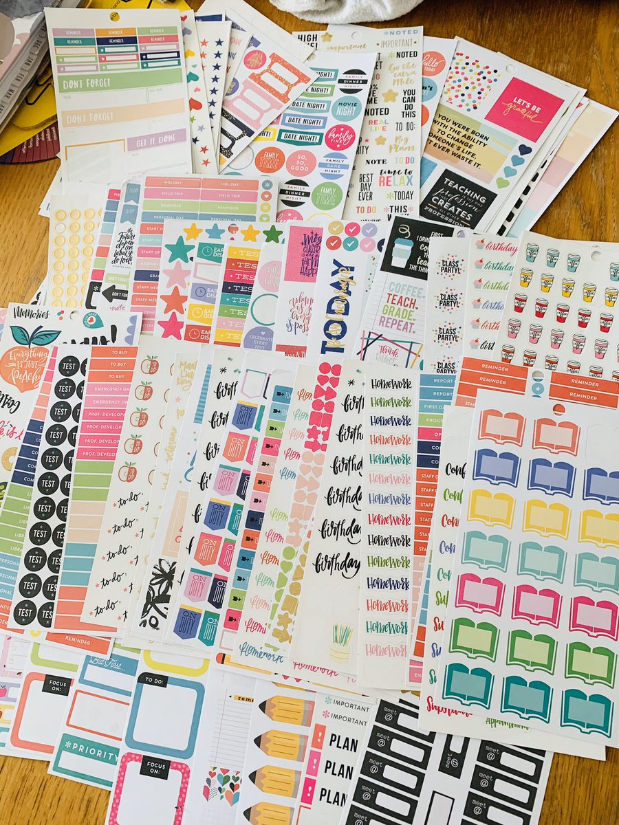 _LBoulton's tweet photo. I have a ridiculous amount of teacher planner stickers new or hardly used and no idea what to do with them... been sat around all year and I’ve only used a few... any ideas Twitter? Sell? Giveaway? Ask to donate a book in return? Seems a shame to throw away... #edutwitter https://t.co/qeB9egMQJw