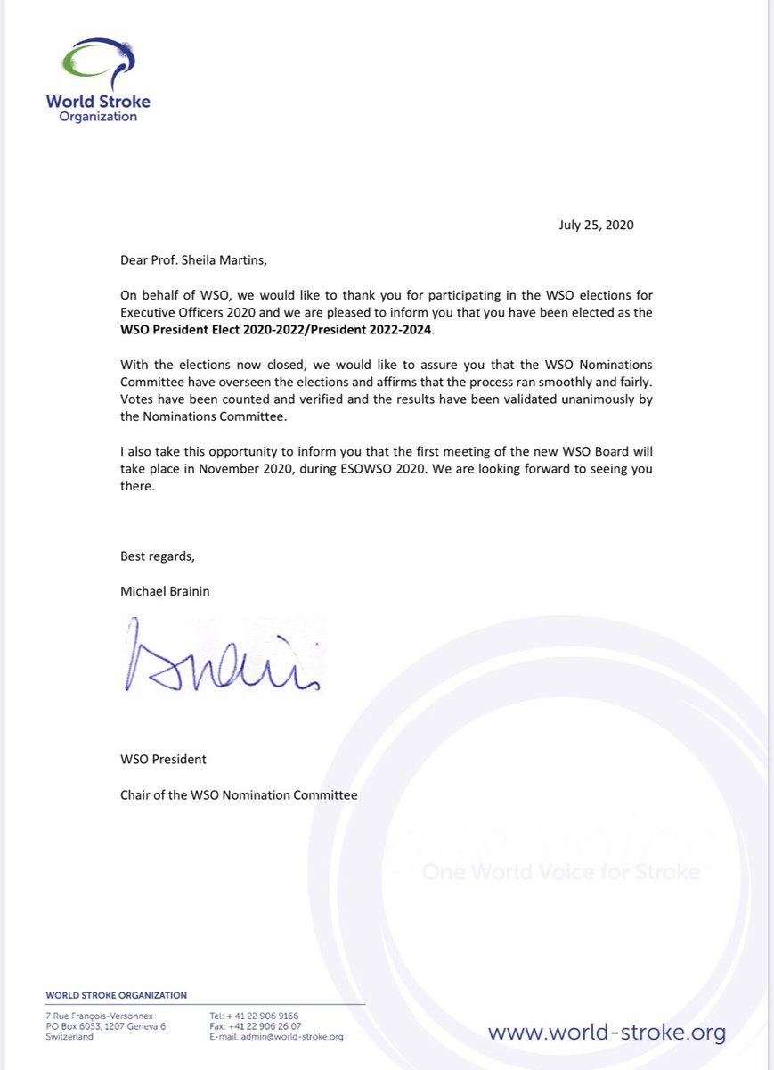 sheilambrasil's tweet photo. Friends, with great honor I share with you that I was elected President of the World Stroke Organization for the period 2022-2024.  I hope to be able to make a difference in improving stroke care around the world, side by side with my mentors WSO past presidents.  🌹💪🍾 https://t.co/nD780aqV5N