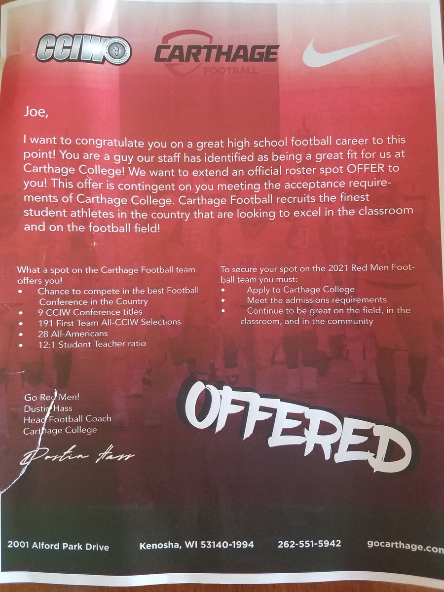 Blessed to have recieved my 1st offer from <a href="/carthagecollege/">Carthage College</a> <a href="/CoachDustinHass/">Dustin Hass</a> <a href="/CarthageFB/">Carthage Football</a>