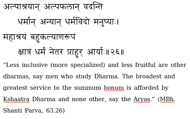2/6Bhishma ji says Kshatriya Dharma is connected most broadly to every social & intellectual sphere, balancing mass & significance, pragmatism and abstract theory. It is also the most utilitarian.He suggests other dharmas tend towards autism, even when they produce brilliance.