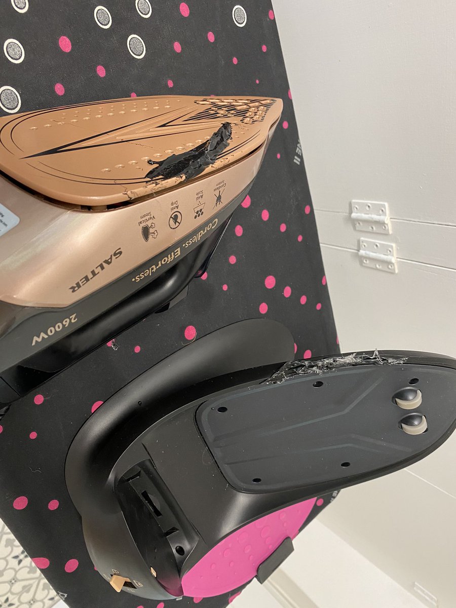 V4NESS4_F's tweet photo. @SalterUK very disappointed in your cordless steam iron, purchased a couple of weeks ago.  Poor design, iron slips easily off cradle, I hadn’t noticed and it’s melted the plastic - ruined iron and cradle dock - wasted £30 https://t.co/voxlDB1gal
