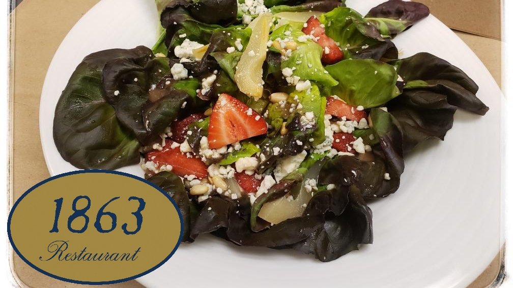Today's featured salad: Red Butterhead Wedge Salad loaded with blue cheese, baby pears, toasted pine nuts, and strawberries with balsamic vinaigrette. Dine in or carryout this deliciousness. View our full menu: 1863RestaurantandLounge.com