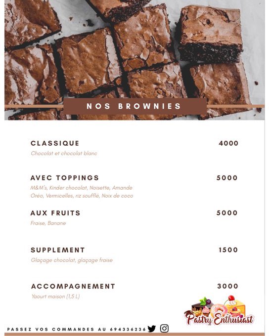 « Pour commander vos gourmandises de @Pastry_E consultez les cartes ci-dessous ⬇️

Pour le Processus de commande , contactez le 694336236.

📍 Douala, Kotto »

#PastryE
#Dishco
#DigitalShareContents