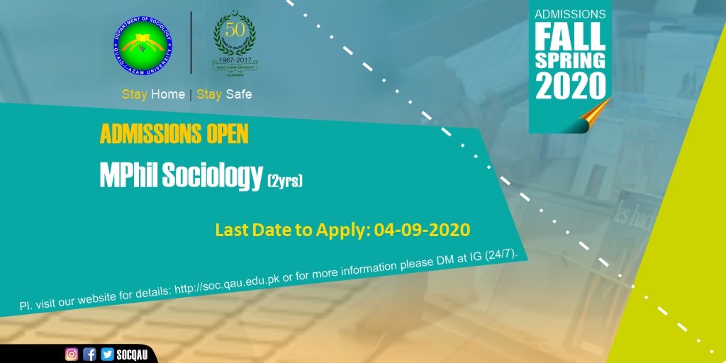 socqau's tweet photo. 𝙀𝙡𝙞𝙜𝙞𝙗𝙞𝙡𝙞𝙩𝙮: Pakistani/Foreign Nationals | MSc/BS Hons only in Sociology.

Apply Online https://t.co/I8WPQYbejq
For more information pl. DM

#quaid_i_azam_university #quaidiazamuniversity #postgraduate #socqau #qau #qauislamabad #quaidian #sociology #admission2020 https://t.co/1UCbKzUwX6