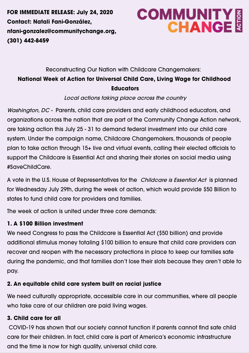 ChildcareChange's tweet photo. [PRESS RELEASE] Parents, providers, and educators are take action to #SaveChildcare as a vote on the Childcare is Essential Act nears. 
Our demands: 
1⃣ $100 Billion investment
2⃣ Equitable child care system built on racial justice 
3⃣ Child care for all
https://t.co/p3YcWGFJYz https://t.co/XUGNMldtsr