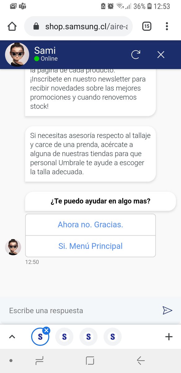 lcapurro's tweet photo. @SamsungChile o tienen un problema con su chatbot, o están vendiendo aires acondicionados en @umbralechile 😅 https://t.co/pLEfRkmQdw