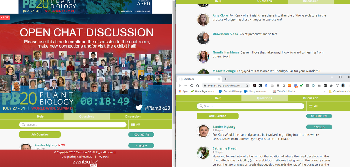 NancyRHof's tweet photo. My #PlantBio20 setup, so I can reload the Discussion and Questions frames as needed without interrupting the talk. #splitscreens https://t.co/RNdKxl94p2