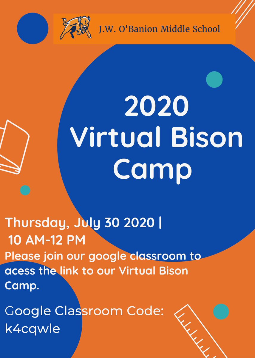 LaSenoraRamirez's tweet photo. Attn incoming 6th gr families! Please join us for our first annual Virtual Bison Camp this Thursday, from 10 am till noon. Please join our Bison Camp Google Classroom to attend! See you online on Thursday!! https://t.co/vRFqF9jDLN