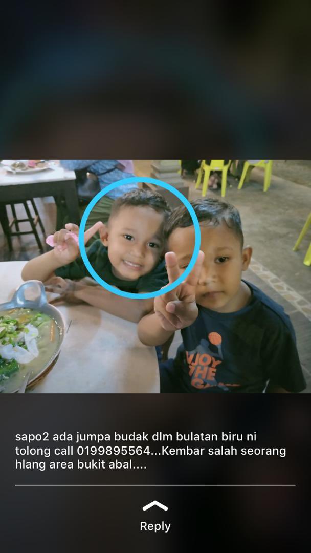 fathinzlkifli's tweet photo. hello guys mintak tolong semua kalau ada yang jumpa budak ni tolong inform cepat tau ! hilang dari petang tadi tak balik sampai sekarang !! kalau ada yang jumpa call dekat number 0199895564 . ammar baru umur 4tahun 😭 mintak tolong especially yang duduk area kelantan . https://t.co/qltknrarog