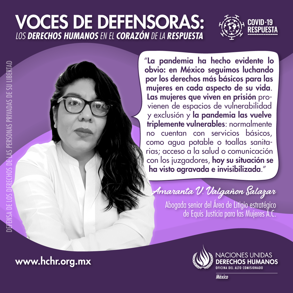 ONUDHmexico's tweet photo. Amaranta Valgañon es abogada en @EquisJusticia, mediante su voz resalta que hay grupos de mujeres cuya situación de vulnerabilidad se ha visto agravada por la #pandemia, e insta a que la lucha por sus derechos continúe y se fortalezca.
#VocesDeDefensoras #ONUMxCovid19 https://t.co/zoXxKuCqu6