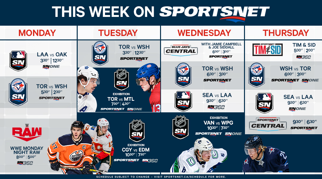 SportsnetPR's tweet photo. The wait is almost over! ⏰
Canada's @NHL teams are hitting the ice for exhibition showdowns this week before the puck officially drops on Aug. 1. 🏒
Catch all #NHL action exclusively on @Sportsnet & SN NOW ➡️ https://t.co/xJbtxdLXTV
#NHLonSN | #BlueJaysOnSN | #TimandSid | https://t.co/DFQcWhWJ5t