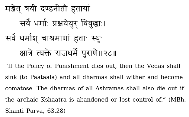 4/6The necessity for a policy & enforcement of punishment to uphold archaic Dharmic culture is critical.Once that capability of Kshaatra is lost, the Vedas (and their interpretation) sink to lower states of consciousness. All other dharmas become mechanical or die out.
