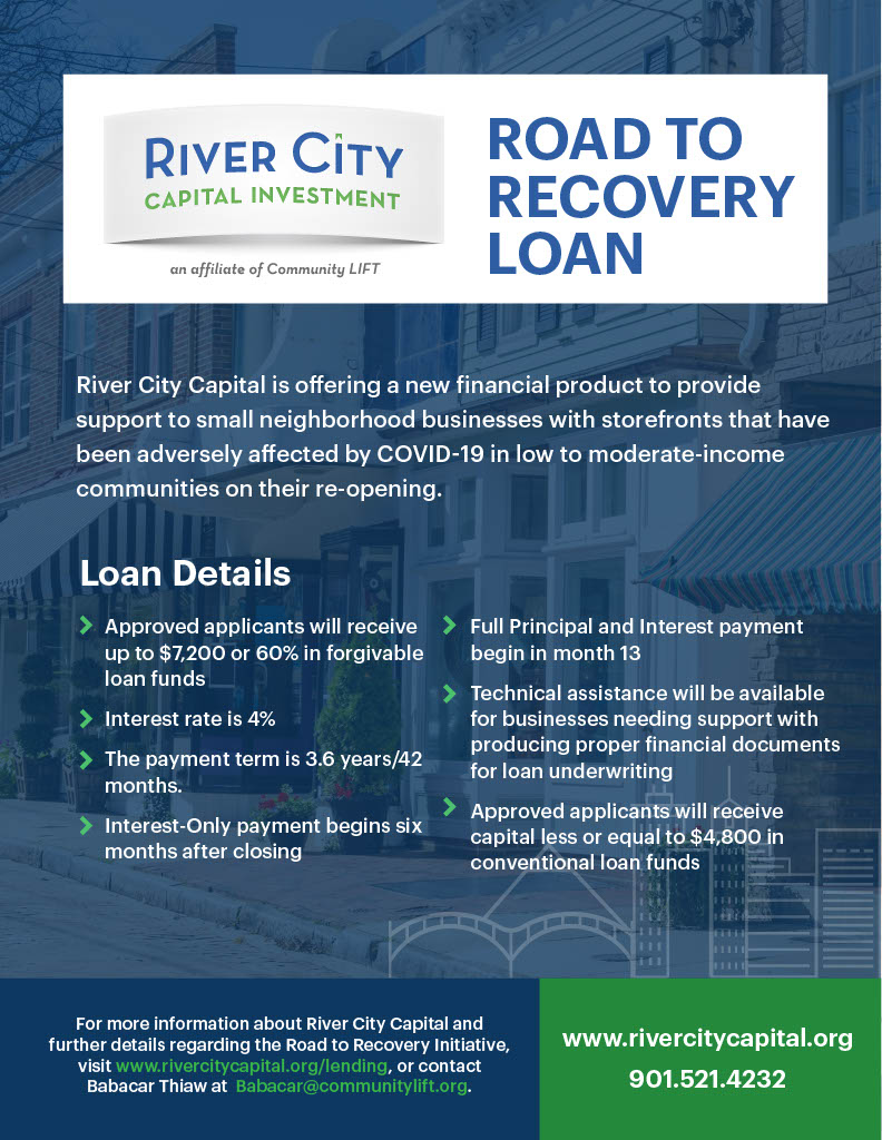 RCCInvestment's tweet photo. Are you a small business in Memphis/Shelby County that has been affected by #COVID19?  If so, check out our new Road to Recovery loan product.  Details on the flyer. https://t.co/Ed6bZHSGaz