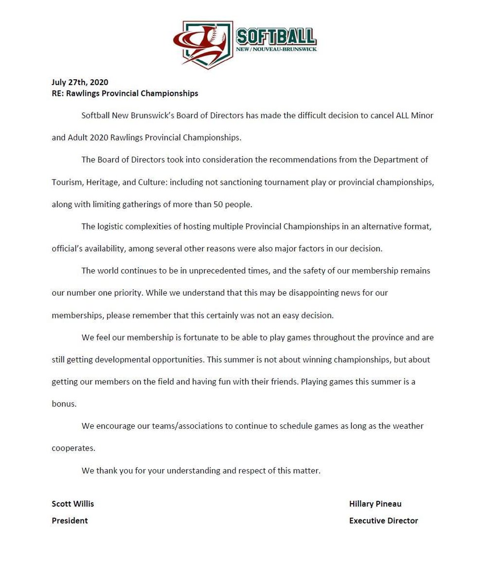 Softball NB has made the difficult decision to cancel our 2020 Rawlings Provincial Championships. See our press release for details