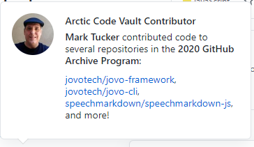 marktucker's tweet photo. Are you an Arctic Code Vault Contributor too?
What other Voice Tech Open Source projects are "chillin' it out" at the Arctic Circle?
#VoiceFirst #Jovo #SpeechMarkdown @jovotech @speechmarkdown https://t.co/pptkbJJEAk
