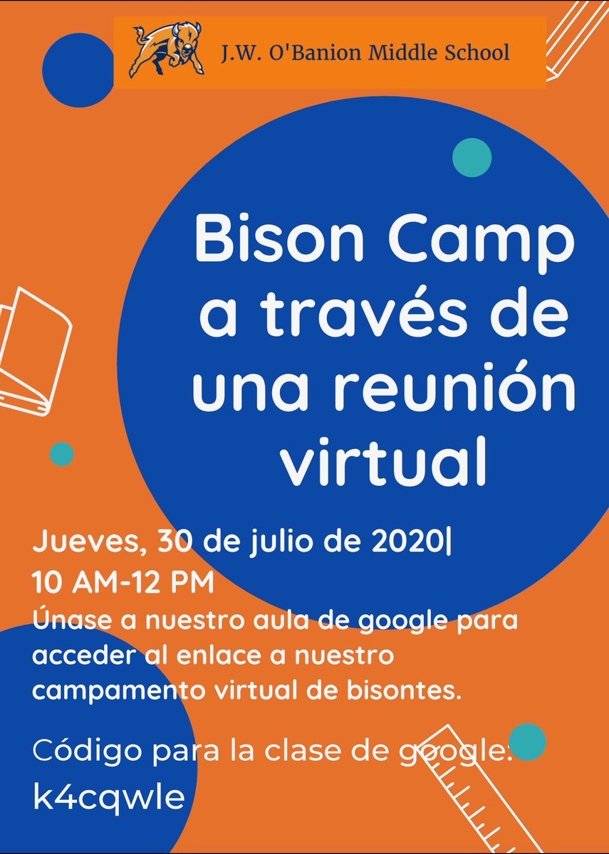 LaSenoraRamirez's tweet photo. ¡A la atención de las familias entrantes de 6to gr! Únase a nosotros para nuestro primer campamento virtual virtual de bisontes este jueves, de 10 a. M. Al mediodía. ¡Únase a nuestro Aula de Google de Bison Camp para asistir a nuestro campamento! https://t.co/tyWUKhPN7v