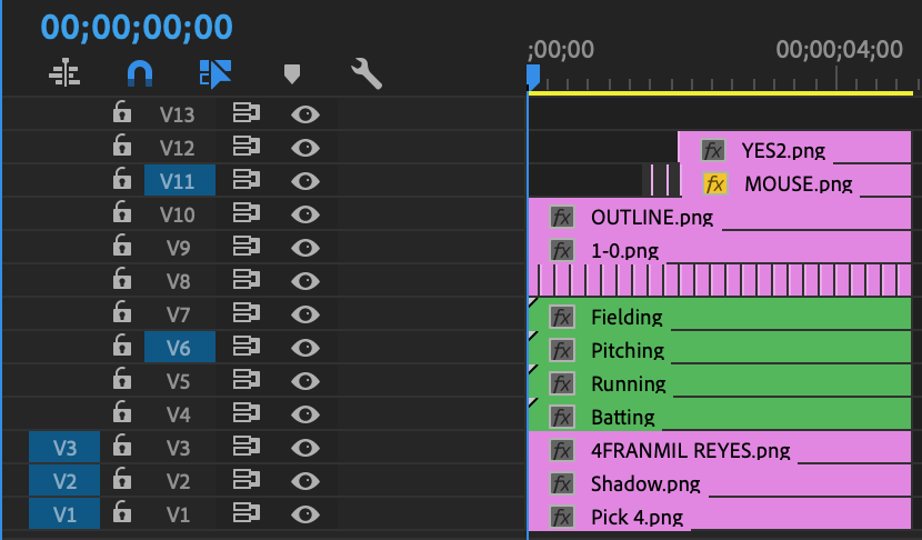 I had a separate project file for the video with the overlays and animated the mouse and player ratings on the screen.I had a player card file as well where I had the illustrated player card and could easy swap in the player being drafted and flip on/off the baseballs.
