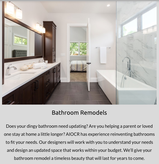 Does your dingy #bathroom need updating? Are you helping a parent or loved one stay at home a little longer? #AllInOneKitchenAndBath has experience reinventing bathrooms to fit your needs. #AIOKBNation