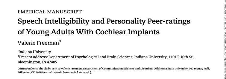 In Speech Intelligibility and Personality Peer ratings of young deaf adults with cochlear implants by Freeman, implanted deaf adults have like, deaf voices and their peers hate them. So we need to train the deaf people to not sound so deaf and stuff.