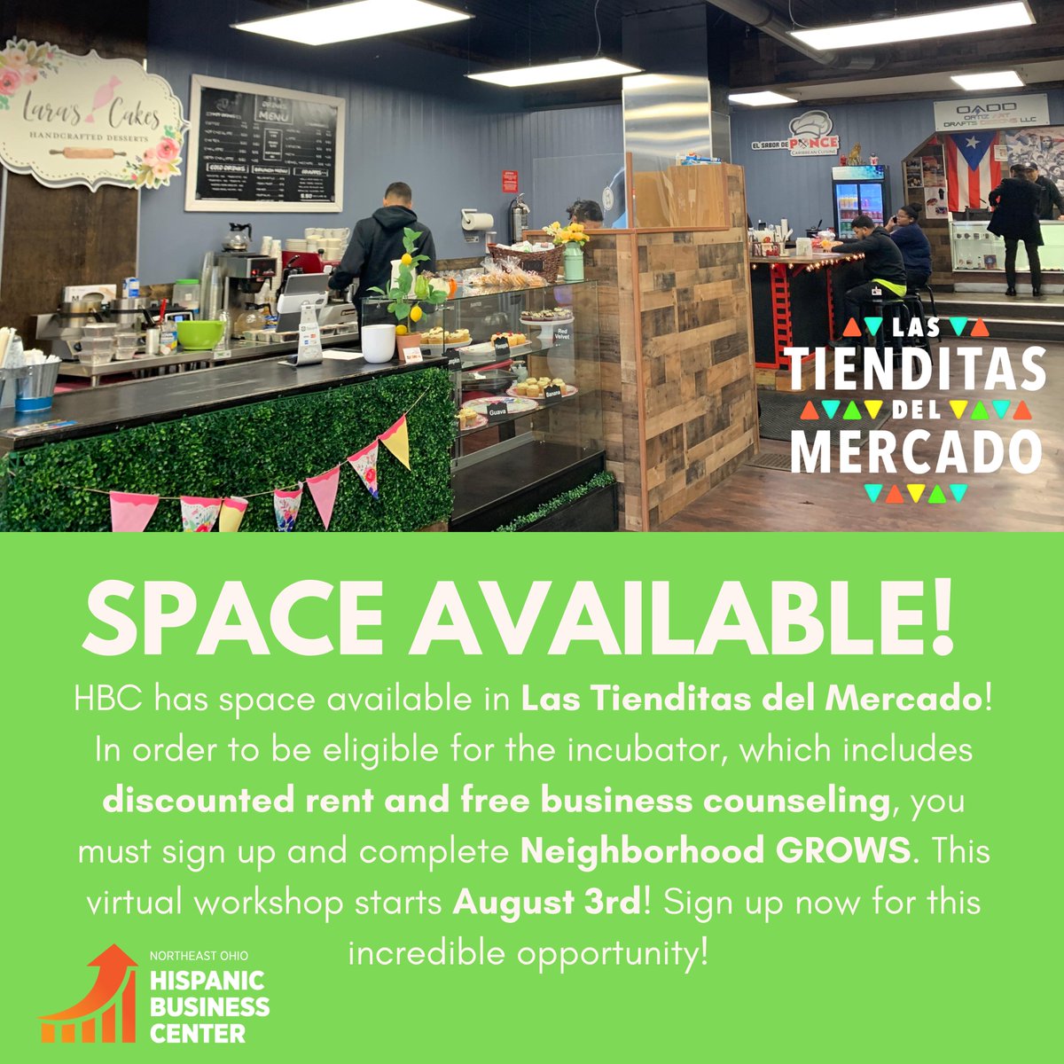 Las Tienditas Del Mercado​ has space available! If you're interested in joining our business incubator, you must complete Neighborhood GROWS​! This virtual workshop starts next week and we'd love to see you there! Register today! eventbrite.com/e/neighborhood…