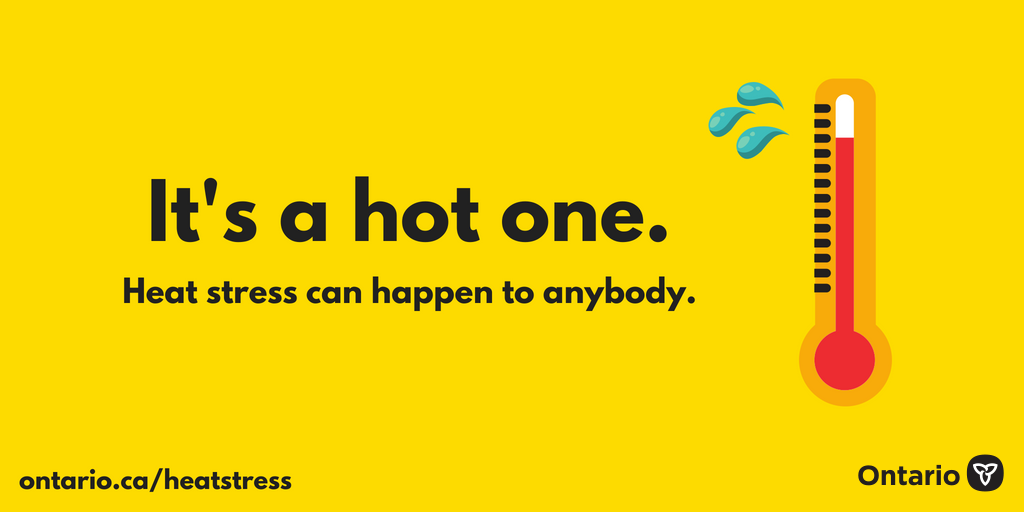 ONTatwork's tweet photo. Sun exposure, humidity and working in certain workplaces, such as bakeries and mines, can increase your risk of heat stress. Learn how to protect yourself at https://t.co/KVuxsVM3IN #worksafeON https://t.co/O7lrbOML0H