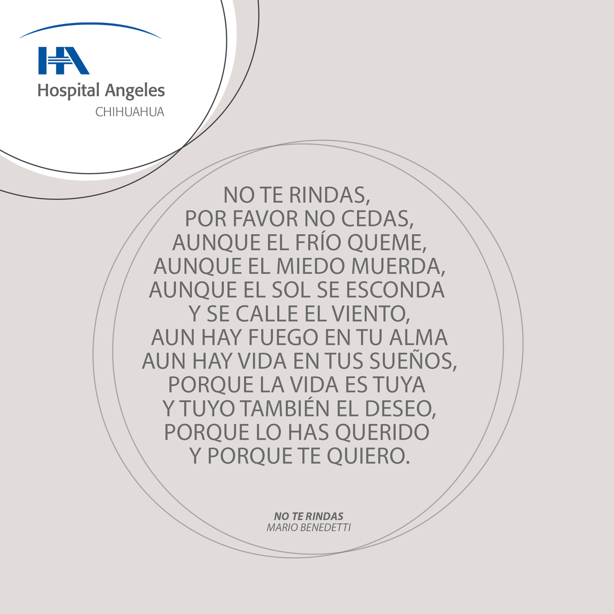 AngelesChih's tweet photo. No te rindas que la vida es eso,
continuar el viaje,
perseguir tus sueños....

Fragmento "No te rindas" Mario Benedetti.

☎ (614) 439-2700
#HospitalAngelesChihuahua
#YoSoyAngelesChihuahua
📍 Hacienda del Valle No. 7120 Chihuahua (Chihuahua) https://t.co/oWtB4wCazb