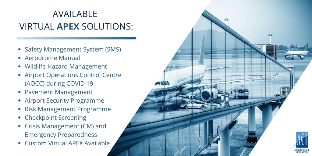 ACIWorld's tweet photo. The Virtual #ACIAPEX is a solution that provides a targeted online peer review of an area of improvement airports wish to seek additional guidance and recommendations. Learn more: https://t.co/Pquotkw5nx https://t.co/QaURQtwvn6