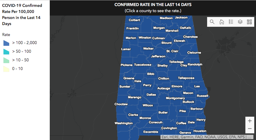 AL COVID-19 Update Cont'd:- All of Alabama's 67 counties have a "high infection rate." This rate is per 100,000 people in the last 14 days. Read the data:  https://alpublichealth.maps.arcgis.com/apps/opsdashboard/index.html#/6d2771faa9da4a2786a509d82c8cf0f7
