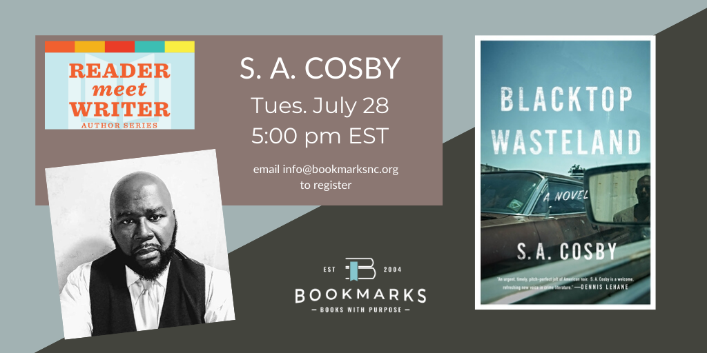 BookmarksNC's tweet photo. "A husband, a father, a son, a business owner…And the best getaway driver east of the Mississippi." Join us and @blacklionking73 to discuss BLACKTOP WASTELAND, a gripping thriller and the next focus of @SIndies' #ReaderMeetWriter series! Email info@bookmarksnc.org for the link. https://t.co/QZLt4BZ668