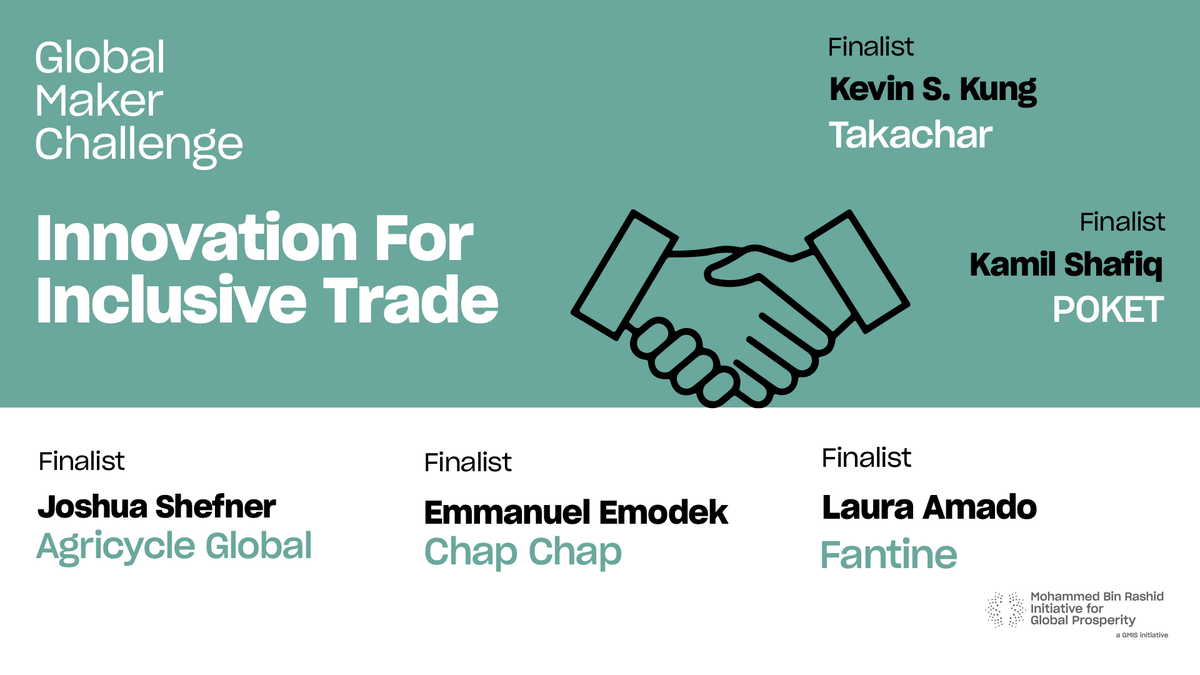 Make4Prosperity's tweet photo. We are delighted to announce our finalists for the theme of Innovation for Inclusive Trade - @agricycleglobal, @ChapchapAfrica, @FantineTech, POKET and Takachar.  Follow day 3 of the #Make4ProsperityWeek on 2 September 2020 at 14:00 GMT to watch the pitch. #GlobalMakerChallenge https://t.co/gYS9Ru1fp6