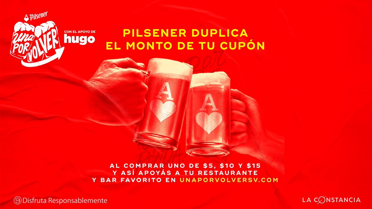 PilsenerSV's tweet photo. ¡DUPLICAMOS el valor de tu cupón chele!🤩 Hey, esto no se ve todos los días😍. Esto es lo que te ofrece #UnaPorVolver, AL MISMO TIEMPO que ayudás a mantener vivo tu restaurante o bar favorito😎
Solo ingresá a https://t.co/cplEJXVDGb para aprovechar esta iniciativa🍺#PilsenerSV🍻 https://t.co/S0h7FITXTu