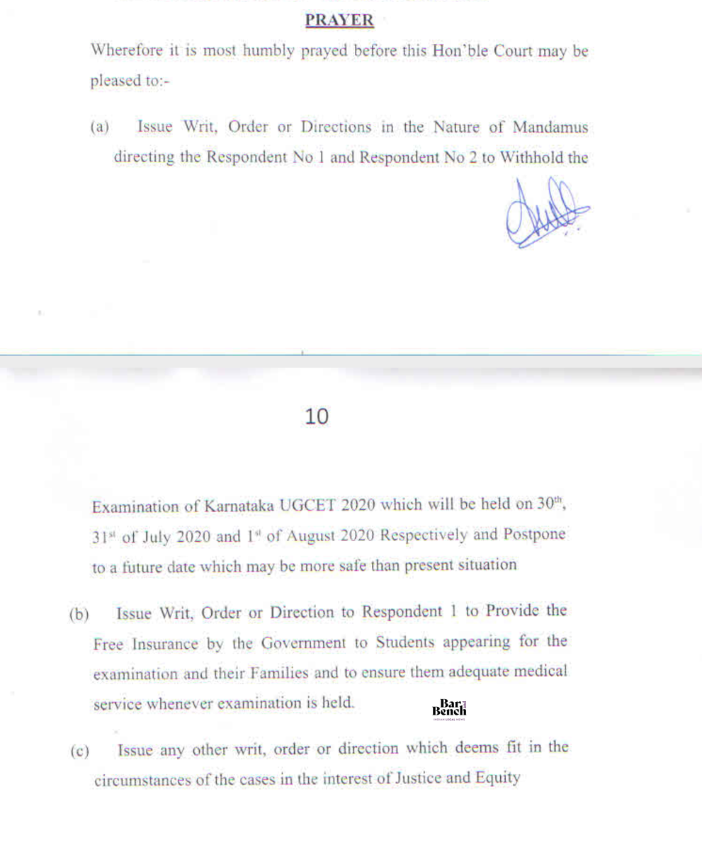 barandbench's tweet photo. [Petition NUMBER 3]: 3rd Petition has been filed by Advocate Abdullah Mannan Khan in the Karnataka CET Matter. 

Prays for free insurance from Govt to Students writing the exam whenever its held. 

@anubha1812 #StudentsInSCAgainstUGCStudents #RefundExamFees  #KarnatakaCovidHorror https://t.co/VGWaB2Nsue