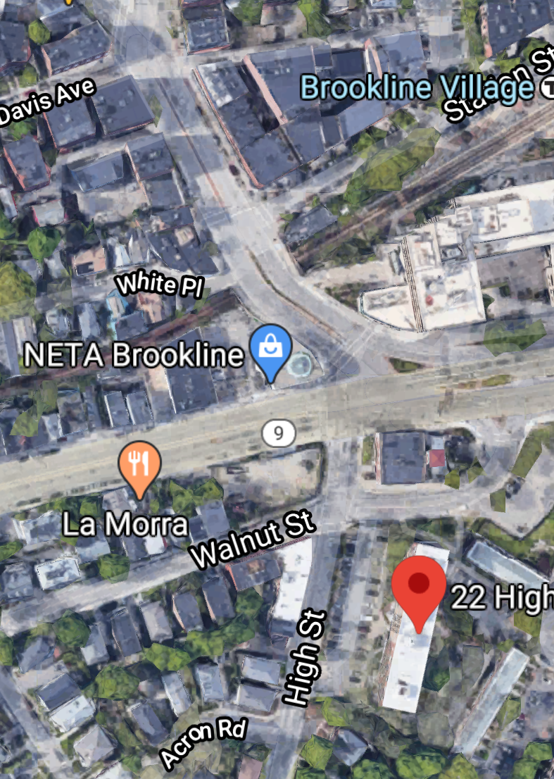 Widening roads and cutting down trees hurts property values, perhaps a factor in this location being chosen for some of Brookline's limited public housing. 22 High Street is the development in the bottom of this image. It houses families + seniors at affordable rents. (7/x)