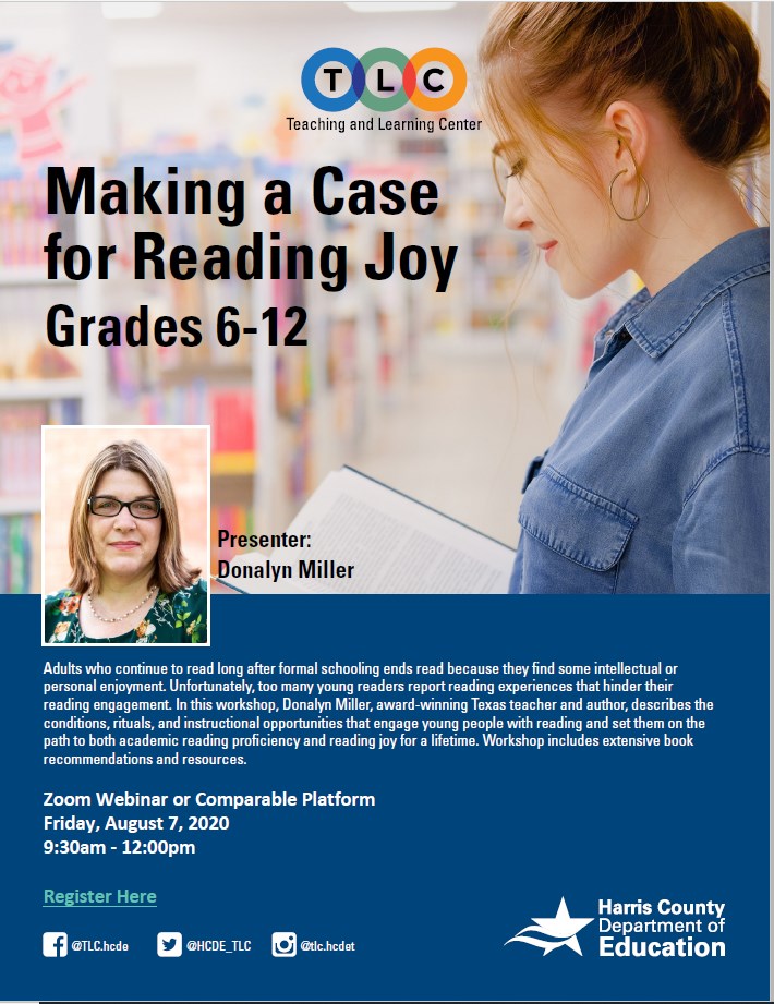 donalynbooks's tweet photo. Looking for ideas for supporting joyful reading online or FtF? @HCDE_TLC has opened registration for my Aug. 6th &amp; 7th workshops: $30 for HCDOE educators/ $35 for everyone else. Session will be recorded. 6-12 registration here. K-5 in thread. https://t.co/MH4dA1WziE https://t.co/ZwebKir9xx