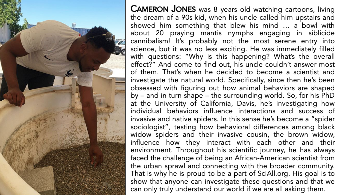 sciallorg's tweet photo. #MeetTheTeam!
Cameron Jones, PhD
aka "Spider Sociologist" 🕷️
#BehavioralEcologist
Congrats 🥳 to @camjoneslab for recently defending his PhD, "A Tale of Two Widows" on #spider behavior from @ucdavis!
#ScienceforAll #STEMed #STEMpathy
#BlackInSTEM #BlackInNature #SciComm https://t.co/wy4HgLCOaH