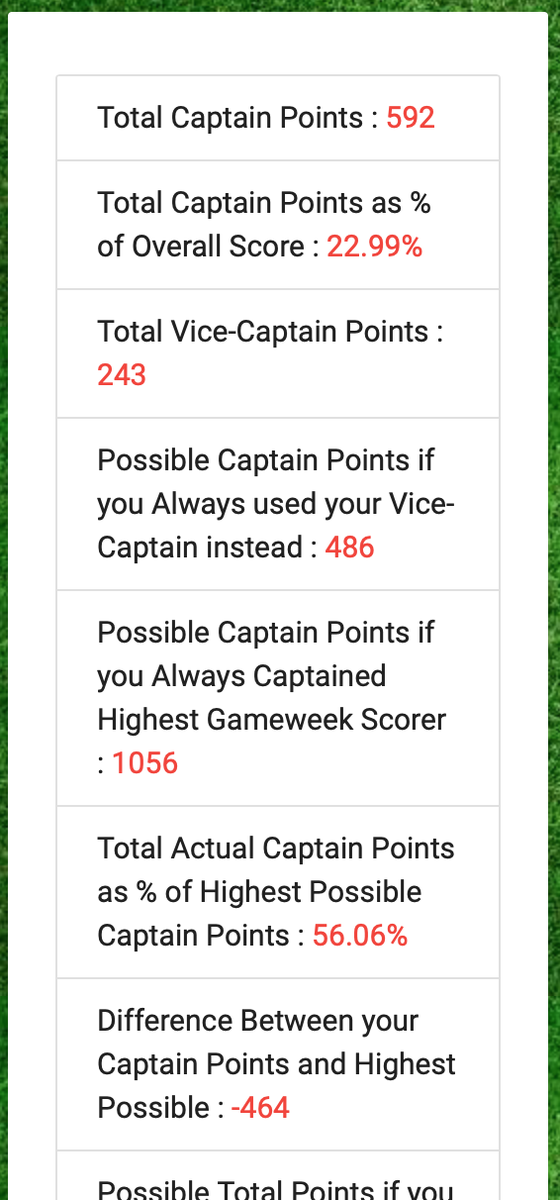 Next up is FPL statistico (found at  https://www.anewpla.net/fpl/report/&nbsp;) I don't know the handle. Also here you find a very good overview of your teams performance. Some additional/other aspects - how many bad GK decisions did you make?Just look it up...3/6