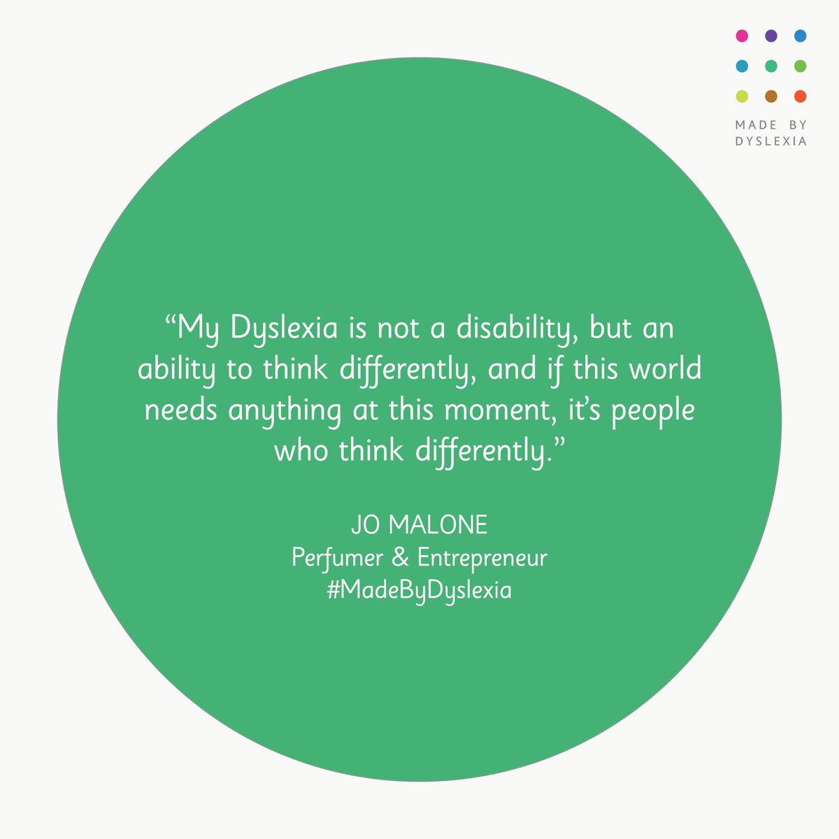 MadeByDyslexia's tweet photo. If ever there was a time that we need #DyslexicThinking it’s now! LOVE this quote from Jo Malone. Read more about Dyslexic Entrepreneurs here https://t.co/M6ay2JuiGF #ValueOfDyslexia #DyslexicThinkingExplained https://t.co/gQkEoG7vnv