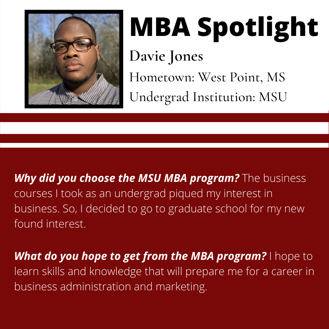 MSStateMBA's tweet photo. Meet Davie Jones! Davie is from West Point, MS, and he graduated from MSU with a degree in IT Services. Check out why he chose the MSU MBA program! #msstatemba

Learn more about the MSU MBA Programs at https://t.co/PEFxWlNueC https://t.co/Ycvi8vIjMD