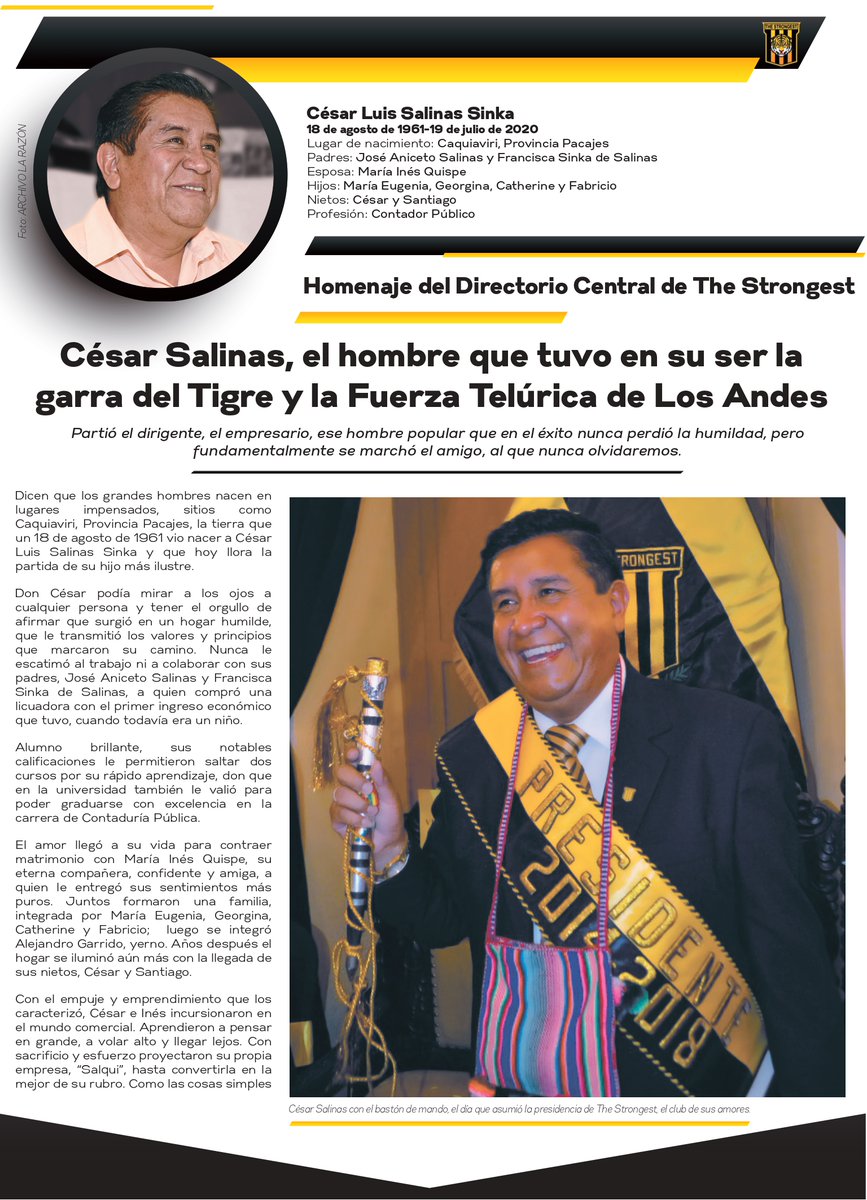 FBF_BO's tweet photo. 👏UN TIGRE CAMPEÓN🏆
"Partió el stronguista, el dirigente, el empresario, el hombre humilde, excelente esposo, padre y abuelo. El mundo del fútbol extrañará fundamentalmente al amigo". ⚽
Homenaje del Club The Strongest en memoria de don César Salinas Sinka 🇧🇴 https://t.co/W9M4sBlA18