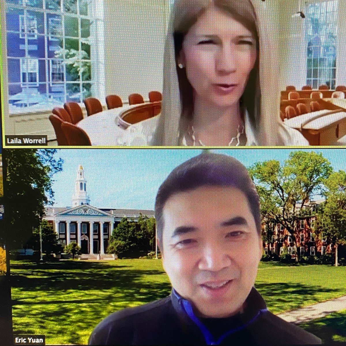 tsedal's tweet photo. Excellent chat: @HBSAlumni Laila Worrell and super insightful @ericsyuan who became an entrepreneur at 41! I see why @zoom_us excels. He believes, like I do, that #RemoteWork will last post #COVID workplace in a hybrid way. Many will make it permanent. 
#RemoteWorkRevolution https://t.co/HxS87YXCOI