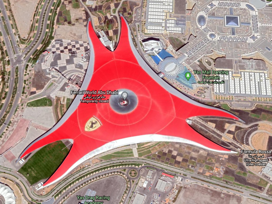 a7an's tweet photo. The Ferrari World building looks like a fidget spinner on google earth. https://t.co/i6hqJAjLy7 https://t.co/pxGnG2anzw