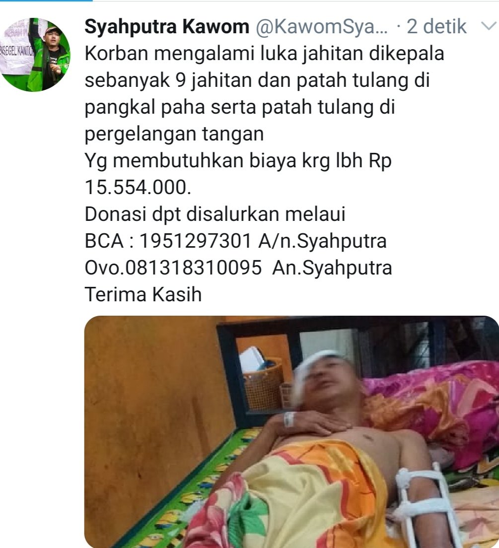 KawomSyahputra's tweet photo. @PedjoeangIslam Assalamu'alaikum.. 
Mohon Bantuan ari seluruh Pecinta Habibana Riziq Sihab &amp; Pejuang Islamutk sahabat kami Steven seorang mualaf yg mengalami LAKA Tabrak Lari, Seorang Ojol di Medan. Berapa pun bantuan kita yg penting rasa perduli kita yg utama
Terima Kasih
🙏🙏🙏🙏🙏 https://t.co/tHuxSO8WVM