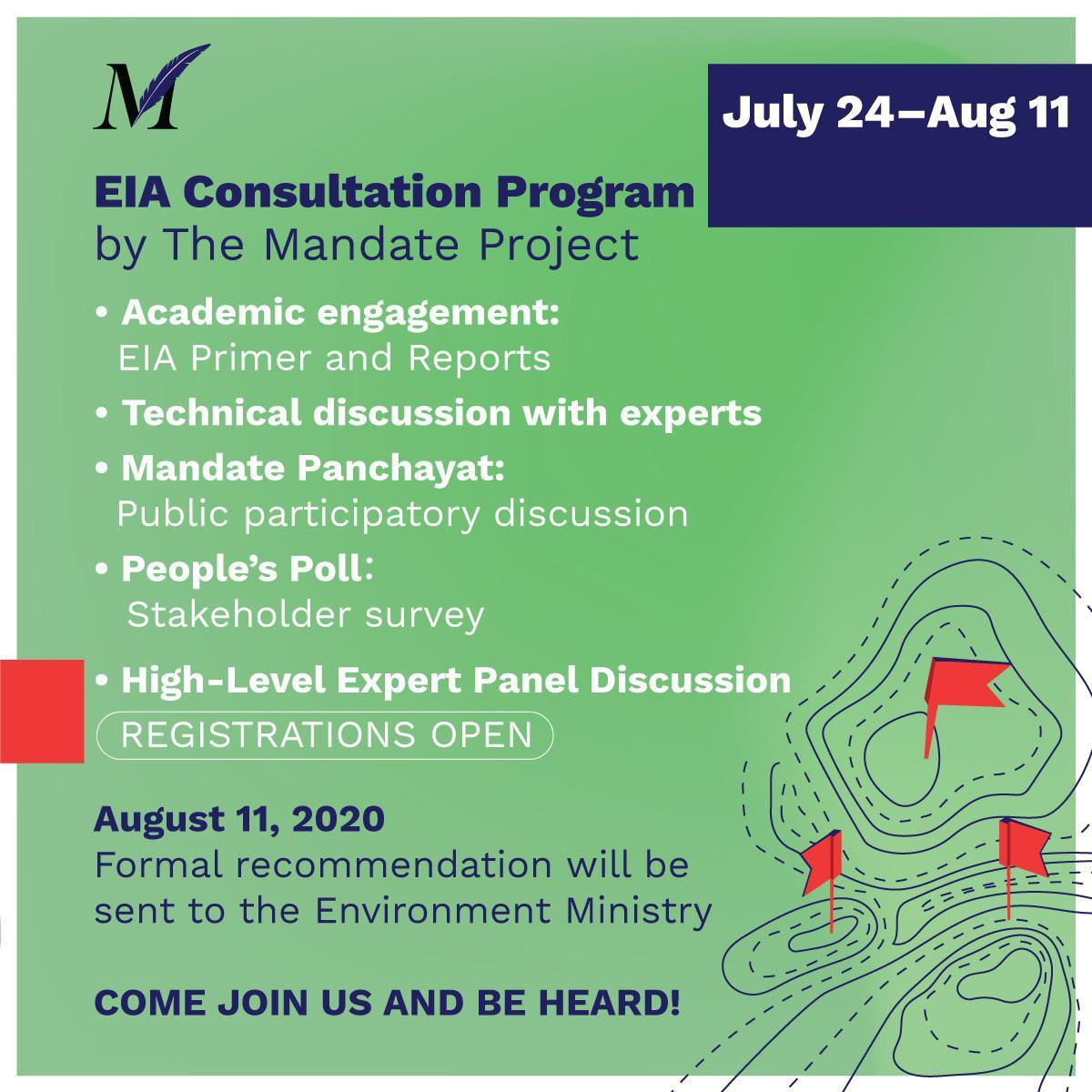 Mandatetweets's tweet photo. Here it is! Our EIA Program from 24th July - 11th Aug, 2020. Come join us and be heard!

Stay tuned for more updates.

#MandateProject #EIAdraft2020 #EIA2020draft 
#EIA2020 #Environment #EIA #EnvironmentalImpactAssesment2020 #EnvironmentalImpactAssessment #environmentaljustice https://t.co/jpcizAIKaT
