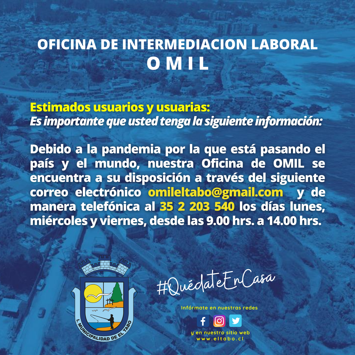 [𝐎𝐌𝐈𝐋] Para quienes tengan dudas sobre el funcionamiento de la Oficina Municipal de Intermediación Laboral, acá les dejamos los datos de contacto

📧 omileltabo@gmail.com

☎️ 352203540

#QuedateEnCasa