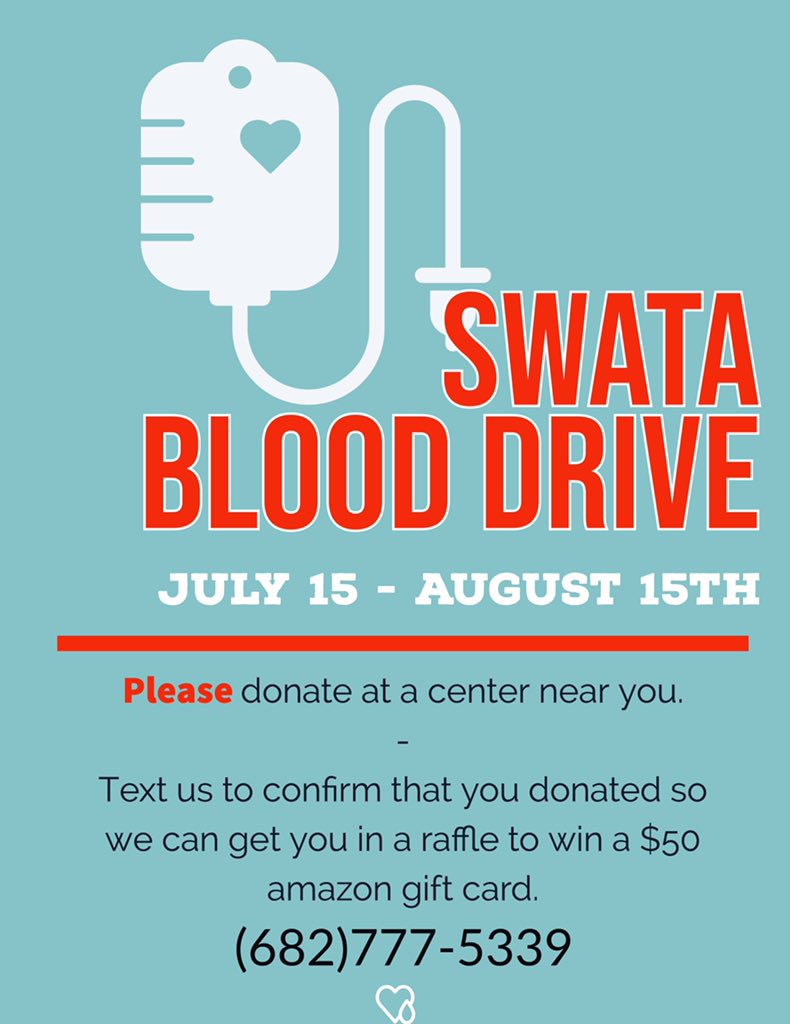 SWATA_LBC's tweet photo. Who’s going to donate this week? Please spread the word! Find a location near you https://t.co/UWiHjPVNJ4 Remember to text us, tag us in your tweet, and be entered to win a $50 Amazon gift card!!! 💰 💴 #LifeSaver #SWATA2020 https://t.co/TUrfkqmjDo