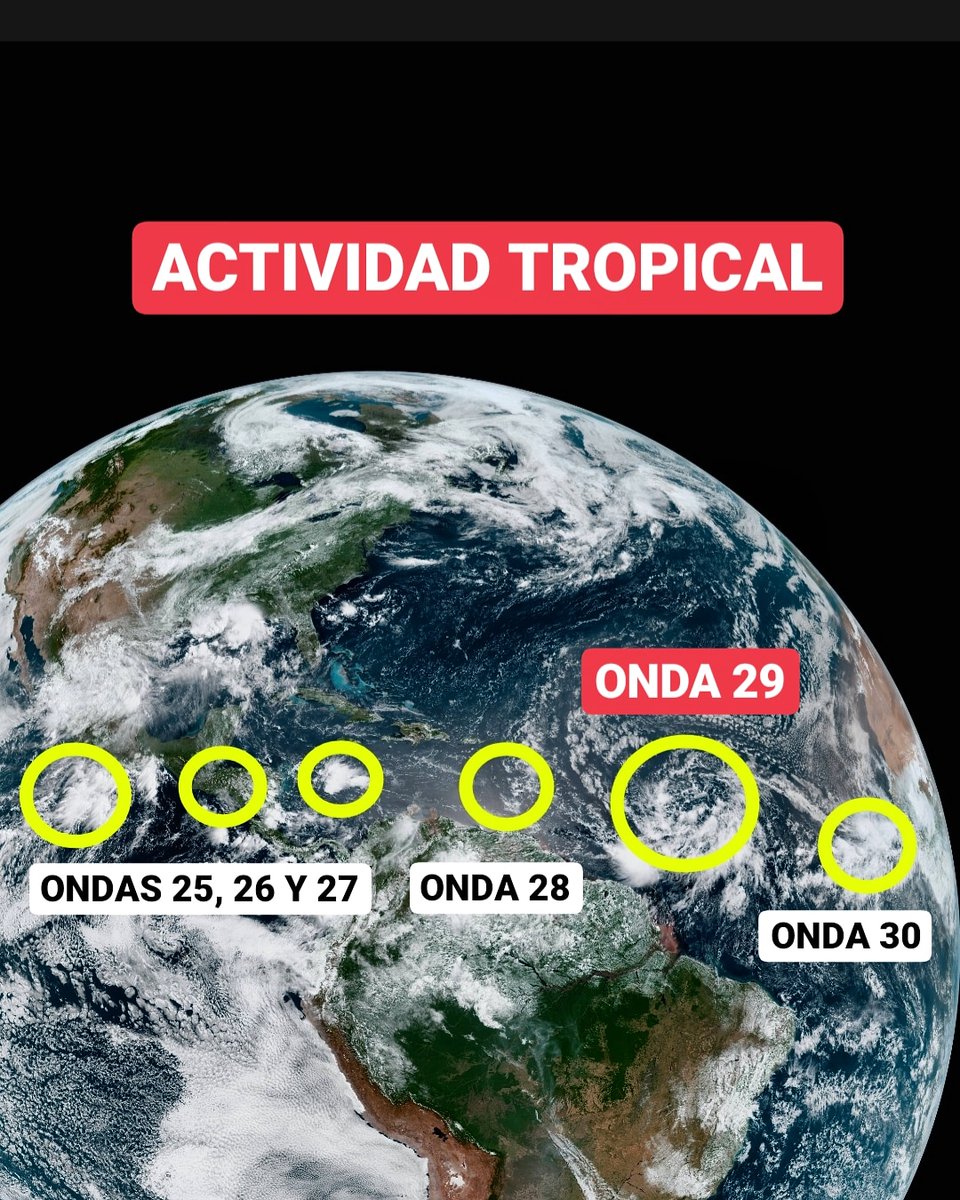 🔴Así está la actividad tropical este lunes: dos ondas en el Pacífico oriental, dos en el Caribe y dos en el Atlántico. Vigilamos atentamente a la onda tropical número 29 por su posible desarrollo ciclónico en los próximos días.