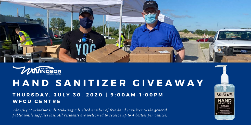 We are pleased to announce that *all* members of the public are welcome to stop by the <a href="/wfcucentre/">WFCU Centre</a> from 9 a.m. to 1 p.m. Thursday to pick up free hand sanitizer as part of the City of Windsor’s fourth hand sanitizer giveaway. 

Details: ow.ly/i7Qg50AJwcF

#YQGStandsStrong