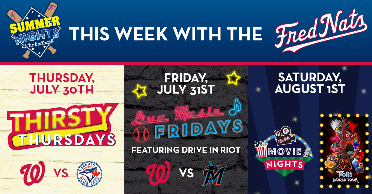 FXBGNats's tweet photo. Join us at the ballpark this week! We have three nights of FREE, socially distanced fun planned for everyone! 🤩 ⚾️🎵 🍿
All events are FREE, limited to the first 1,000 fans. Parking is $5/car.
Details: https://t.co/iUChHO6WGN https://t.co/0LLmykSgBv