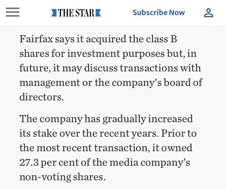 HeatherMoAndCo's tweet photo. Many have noticed the changes in the Toronto Star over the past short while. In Nov 2017, Fairfax Financial Holdings Inc., a company that had been gradually increasing its shares of #TorStar, increased its holdings to over 40%. What else happened in Nov 2017? #cdnmedia #cdnpoli https://t.co/4UG7yL39xg