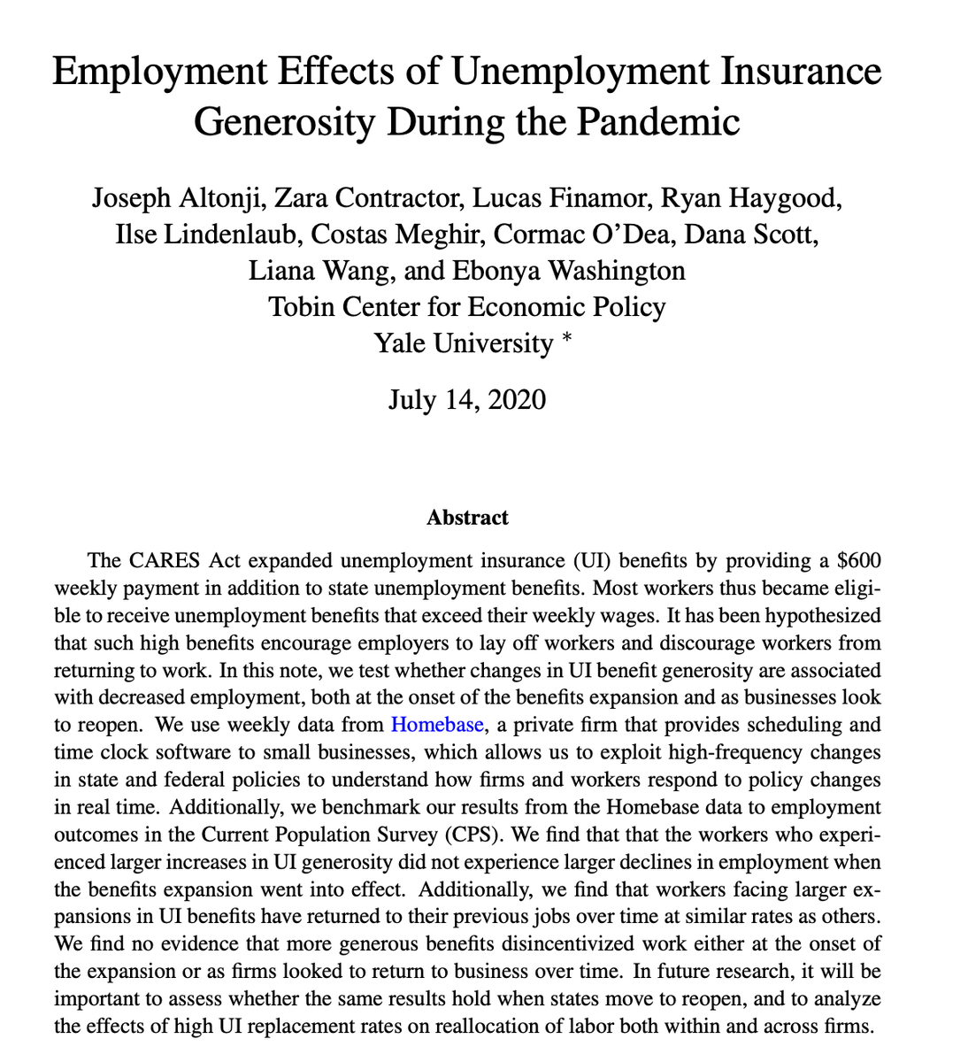 Did UI hold back jobs recovery? According to a recent study by Yale economists (Altonji and coauthors), there is little indication of this. They compared groups with high versus low benefit replacement rates. Following passage of CARES, little difference in emp trajectory.4/